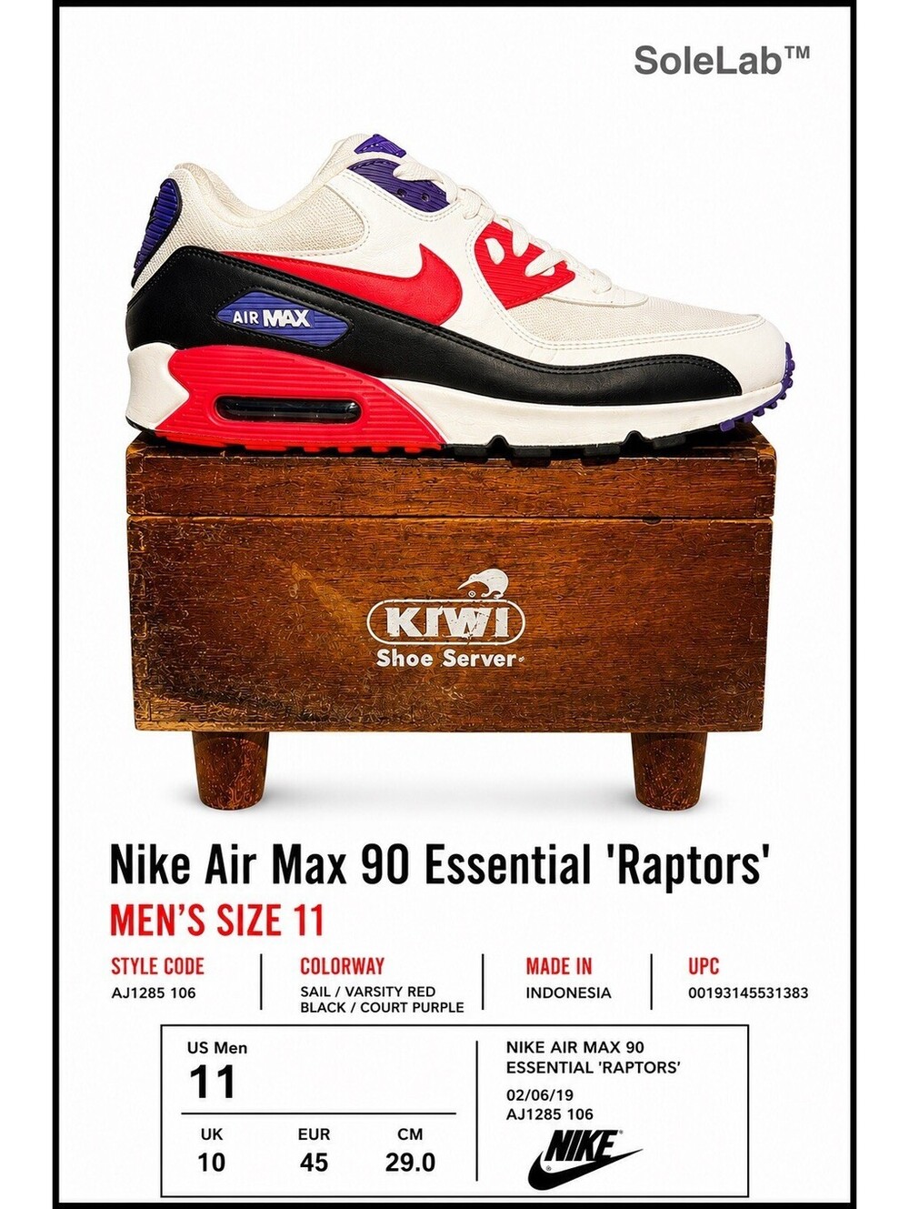 Nike Air Max 90 Essential Raptors AJ1285-106 Men’s Size 11 Purple Red Black